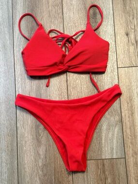Red Ribbed Lace-Up Bikini Set cheeky